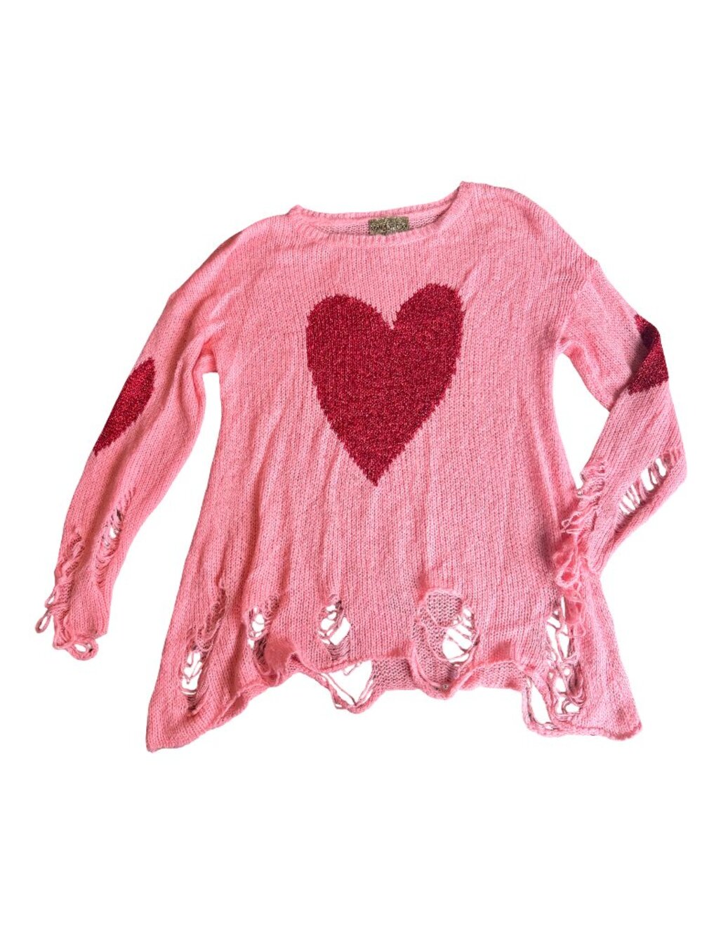 Wildfox White Label Pink Pullover Sweater Metallic Heart Distressed Size XS